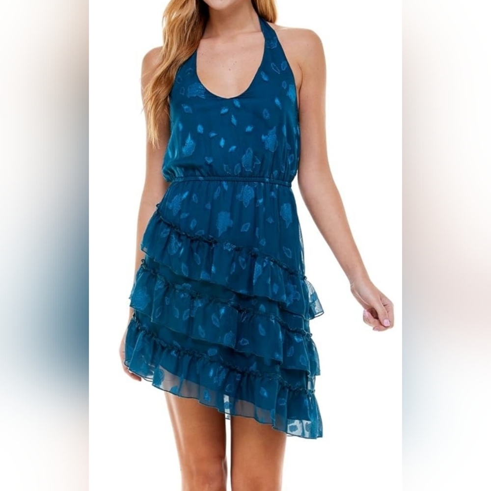 💕City Studios Womens Elegant Teal Halter Mini Dress With Ruffles Size M New